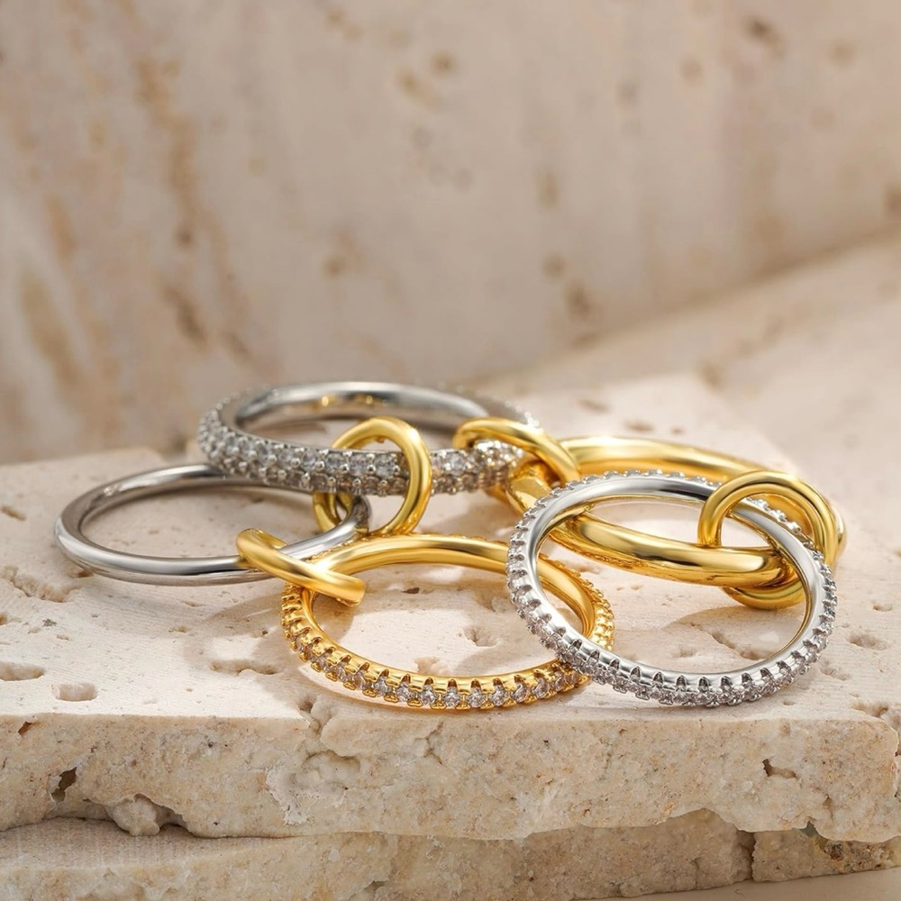 Mixed Metals Stackable Rings with Cubic Zirconia - Picture 3 of 3